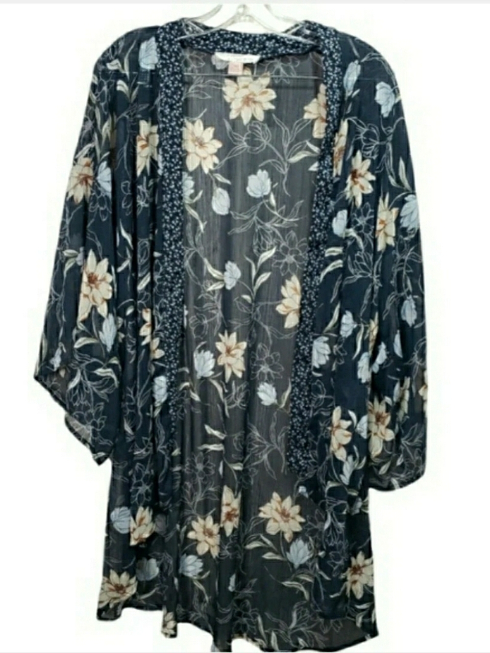 CHANCE & DESTINY | Sheer Blue Floral Open Front Kimono Cover Up Boho | S/M